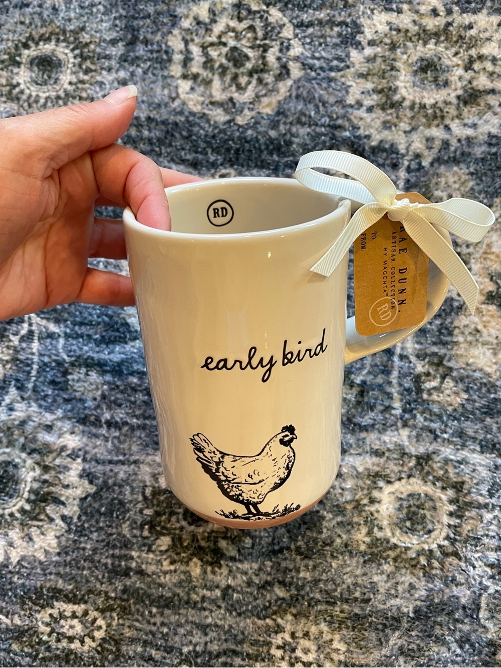 New Rae Dunn Cream Mug with Black 'early bird' Script and Hen Illustration